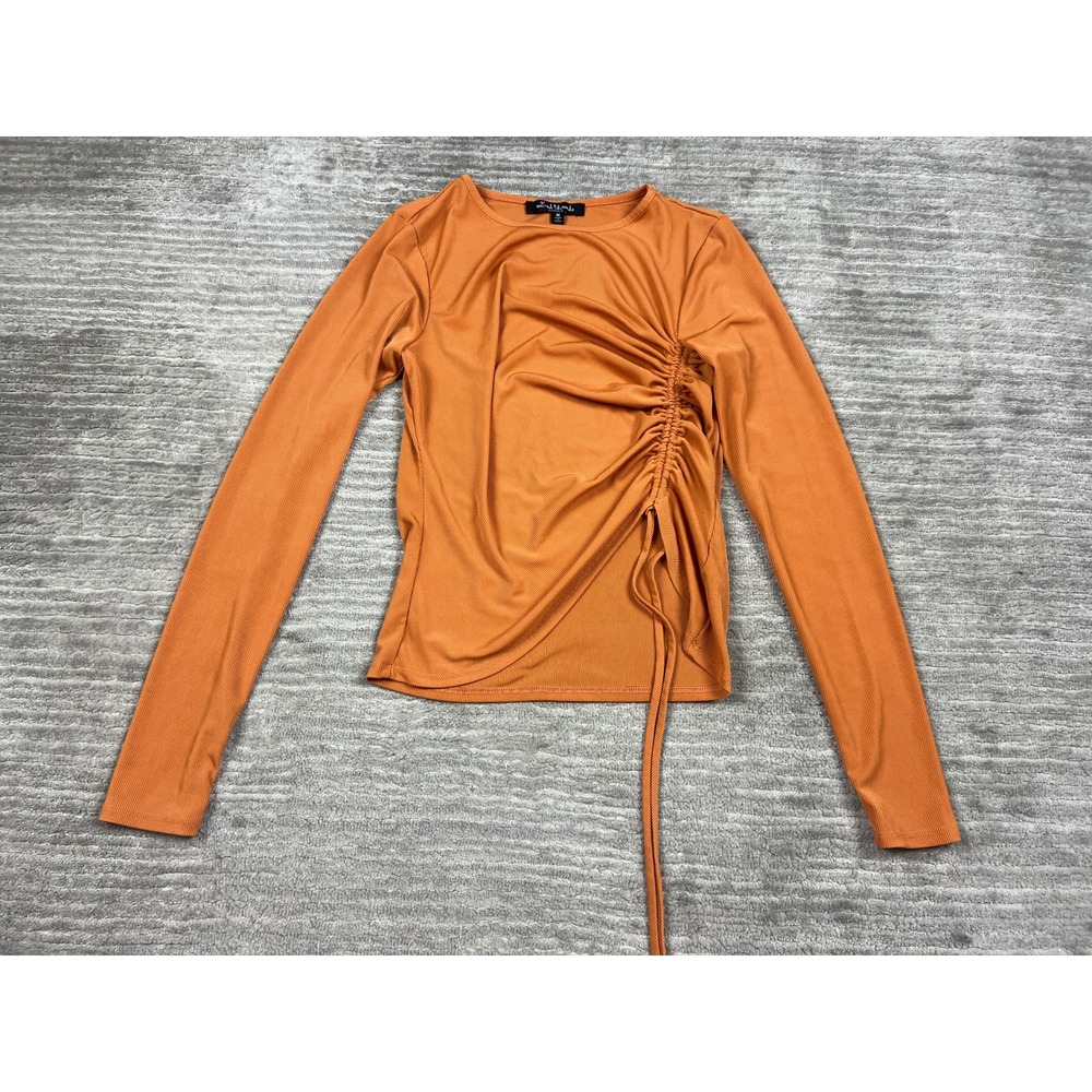 Mixed Threads Top Women Medium Orange Ruched Side Cinch Ribbed Long Sleeve K9503